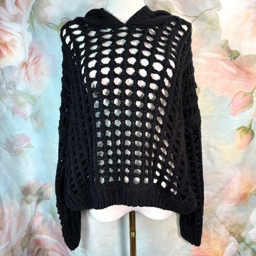 NWT Native Rose Ava Black Open Knit Hooded Pullover Hoodie Sweater